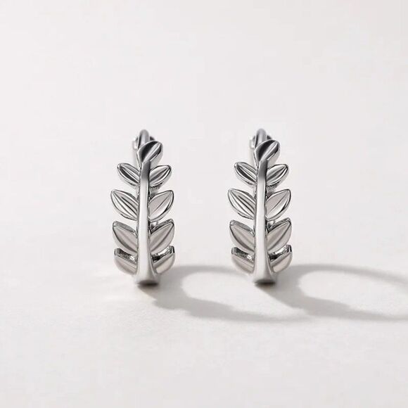 Silver Leaf Hoop Earrings - Picture 3 of 7